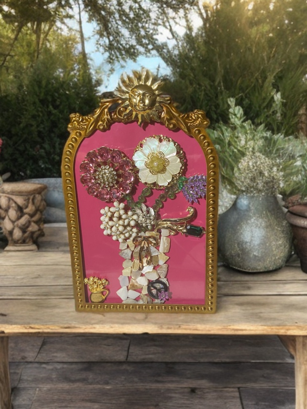 "Sunshine Days" Original Flower Art with Vintage Jewelry